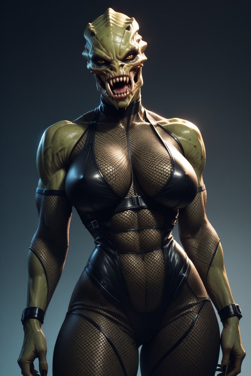 Muscular In Fishnet Suit, Mandibular Mouth, Female Predator From Alien Vs Predator Hentai IA pornografia