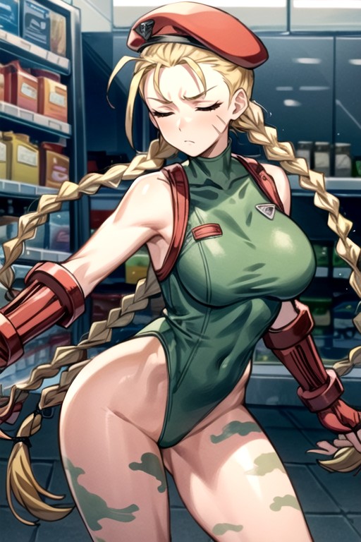 Upset, Cammy White From Streetfighter Working A Nine To Five Shift As A Grocery Store Clerk, Tediously Bored ExpressionAIポルノ