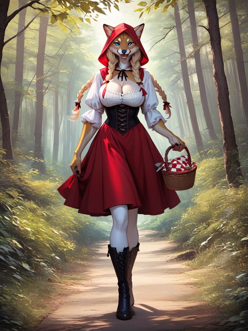 And Walking On A Path In An Enchanted Forest, Girlred Riding Hood, Red SkirtPorno AI