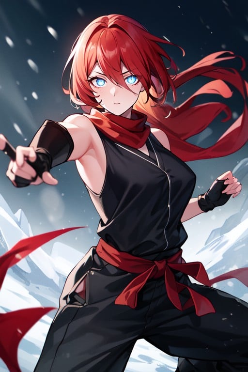 Red Scarf, Wearing A Sleeveless Black Hoodie, Winter SeasonヘンタイAIポルノ