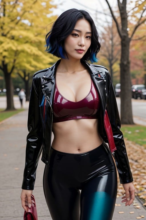 Natural Breast, Asymmetrical Long Bob Haircut, Black Latex Leggings AI Porn