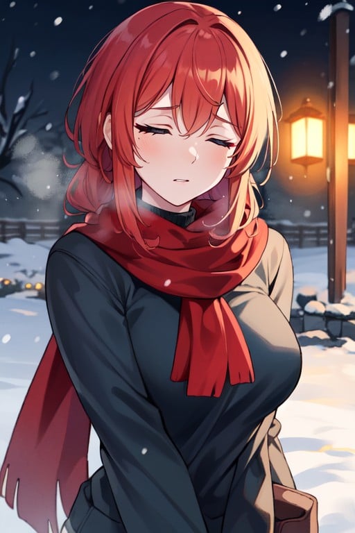 Winter Season, Red Scarf, Serious Expression Hentai AI Porn