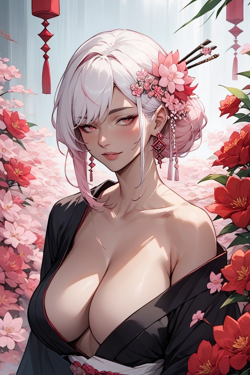 Japan, White Hair, Black Kimono With Red Flowers Pornografia de IA