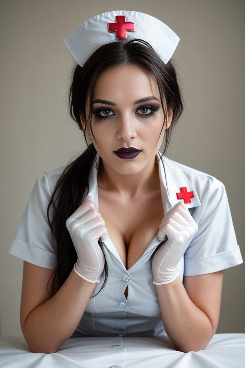 Light Blue Nurse Uniform, Black Hair, Luvas De Latex Pornografia peluda com IA