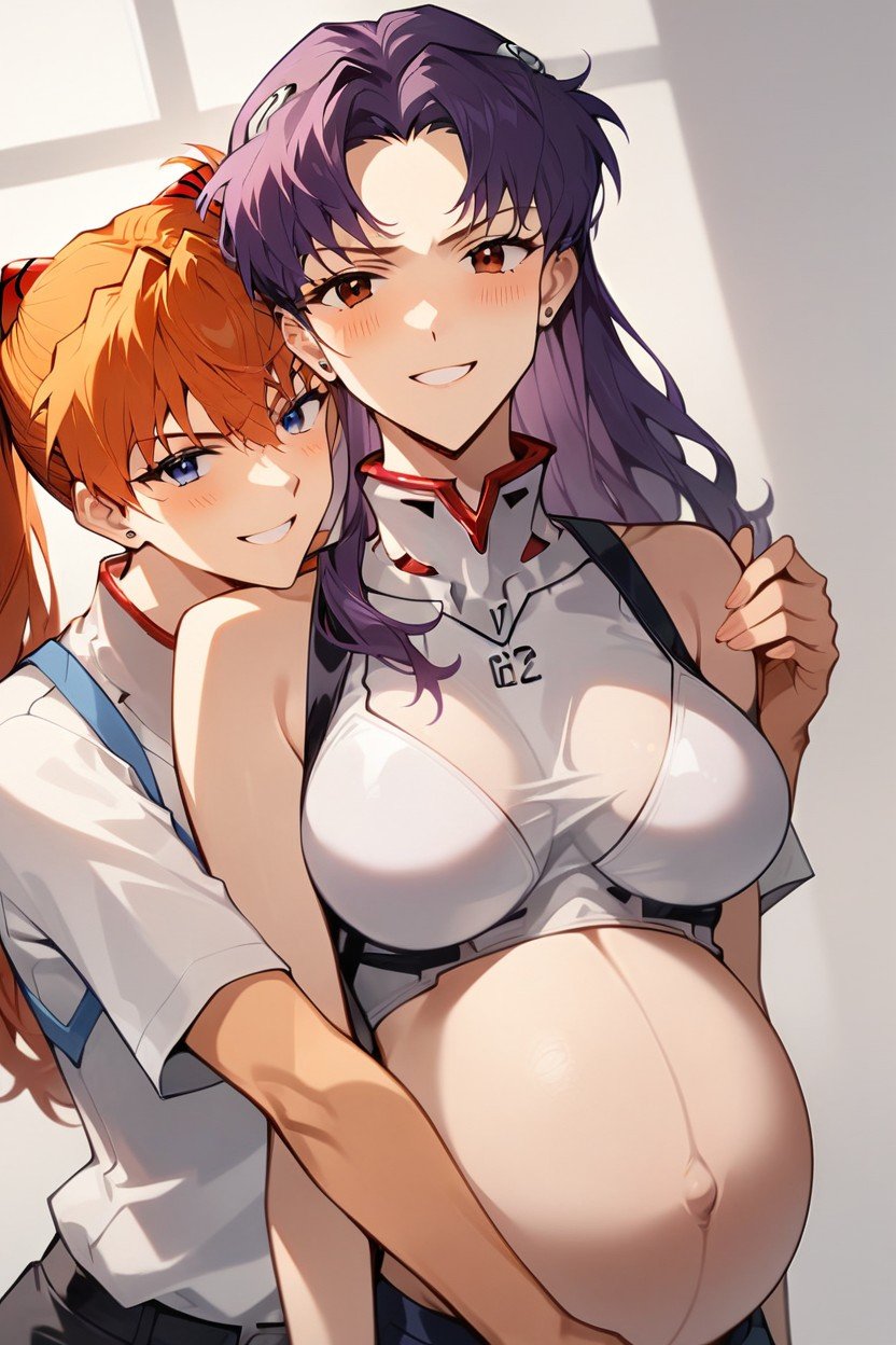 Giggling Ginger Asuka, Disgust Expression Purple Haired Misato, Misato From Evangelion Standing AI Porn