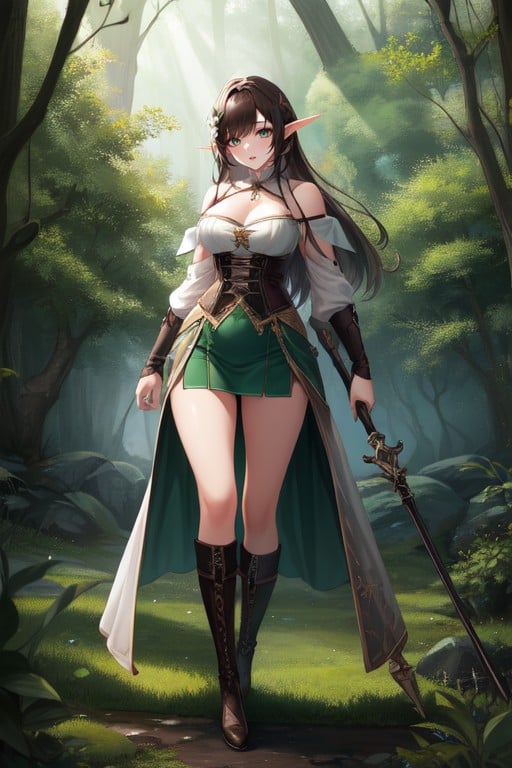 Thigh Ornament, Elf Ears, Dark Green Medevial SkirtAI黄片