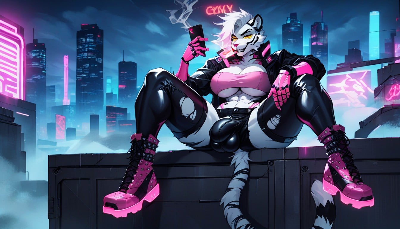 Detailed, Black Shorts, Bulge In Pants Leg Sitting On Rooftop Furry AI Porn