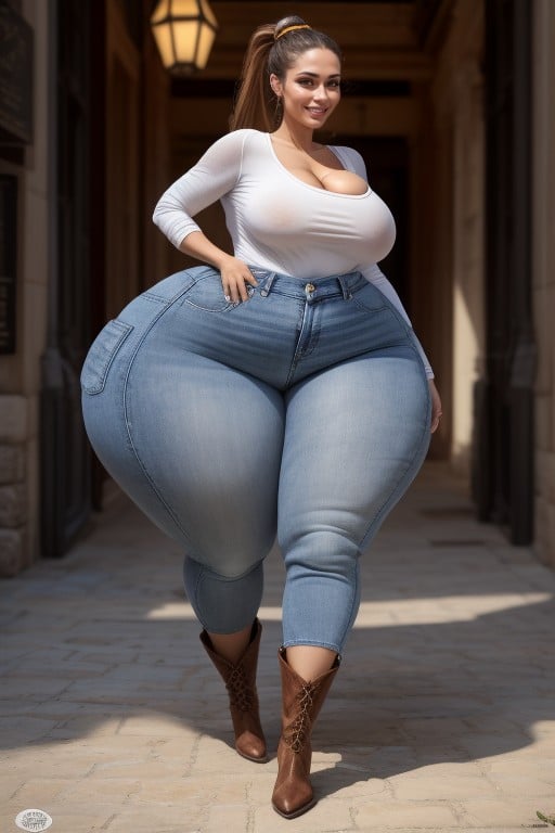 Wide Saddlebag Hips, Thick Thighs, Mega Ponytail Pornografia de IA