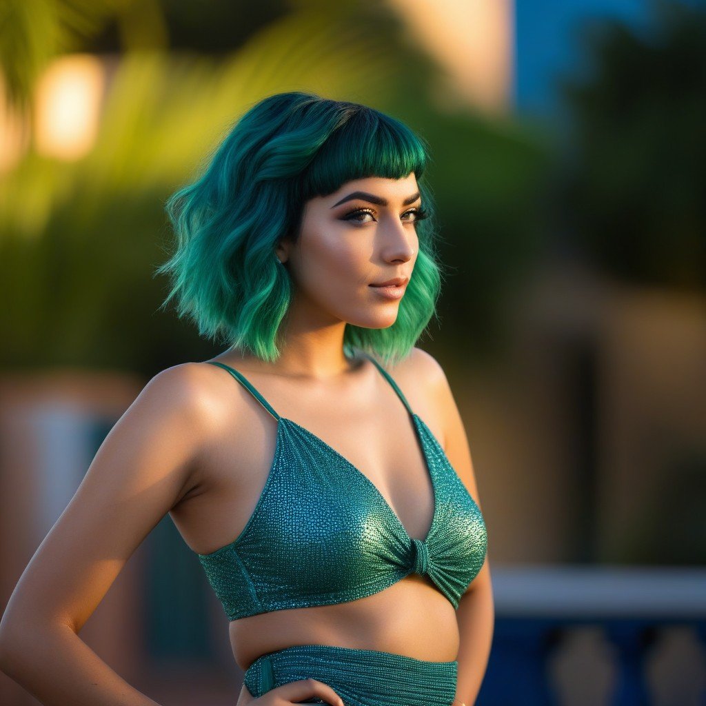 Green Hair, Short Length, Blue Hour AI Porn