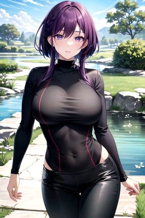 Manches Longues, Oasis, Cheveux VioletsPorno IA Hentai