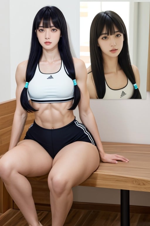 앞머리, 앉아서 다리 벌리기, 스포츠 브라AI 포르노