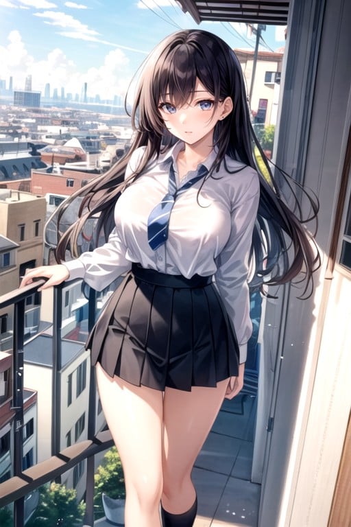 制服, ミニスカート, バルコニーAIポルノ