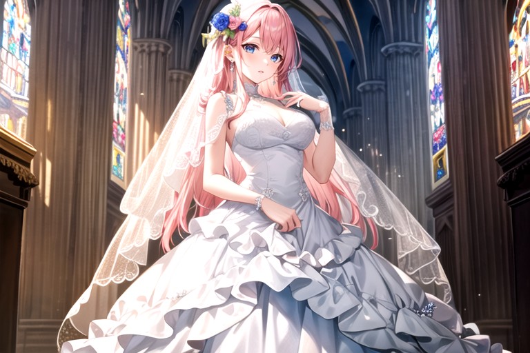 Long Pink Hair, In The Cathedral, Blue Eyes AI Porn