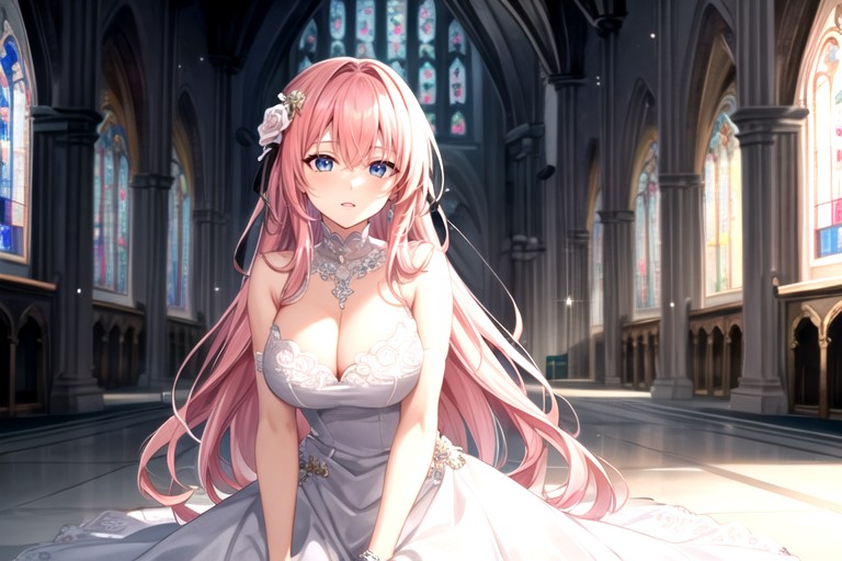 Long Pink Hair, In The Cathedral, Wedding Dress헨타이 AI 포르노