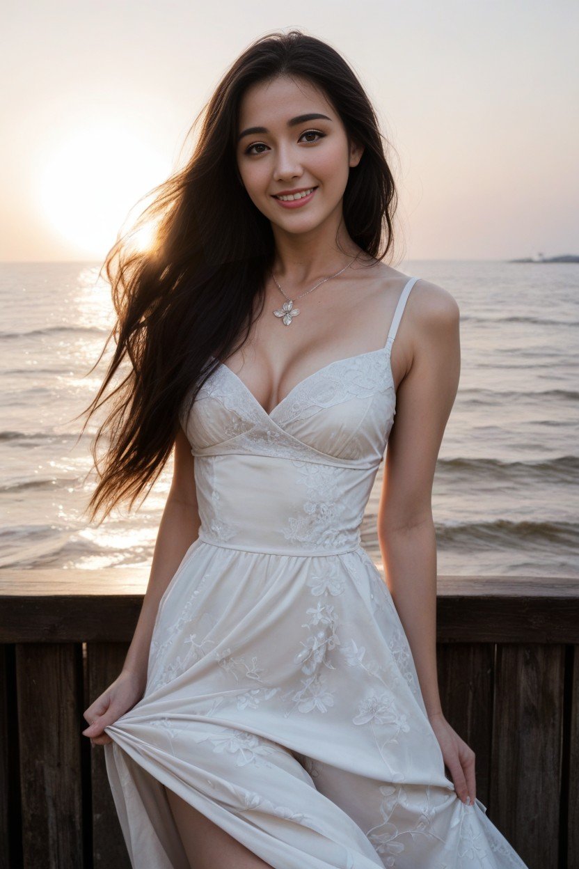 Trying To Cover Herself With Hands, Small Breast, Lighthouse In Distance Shemale AI Porn