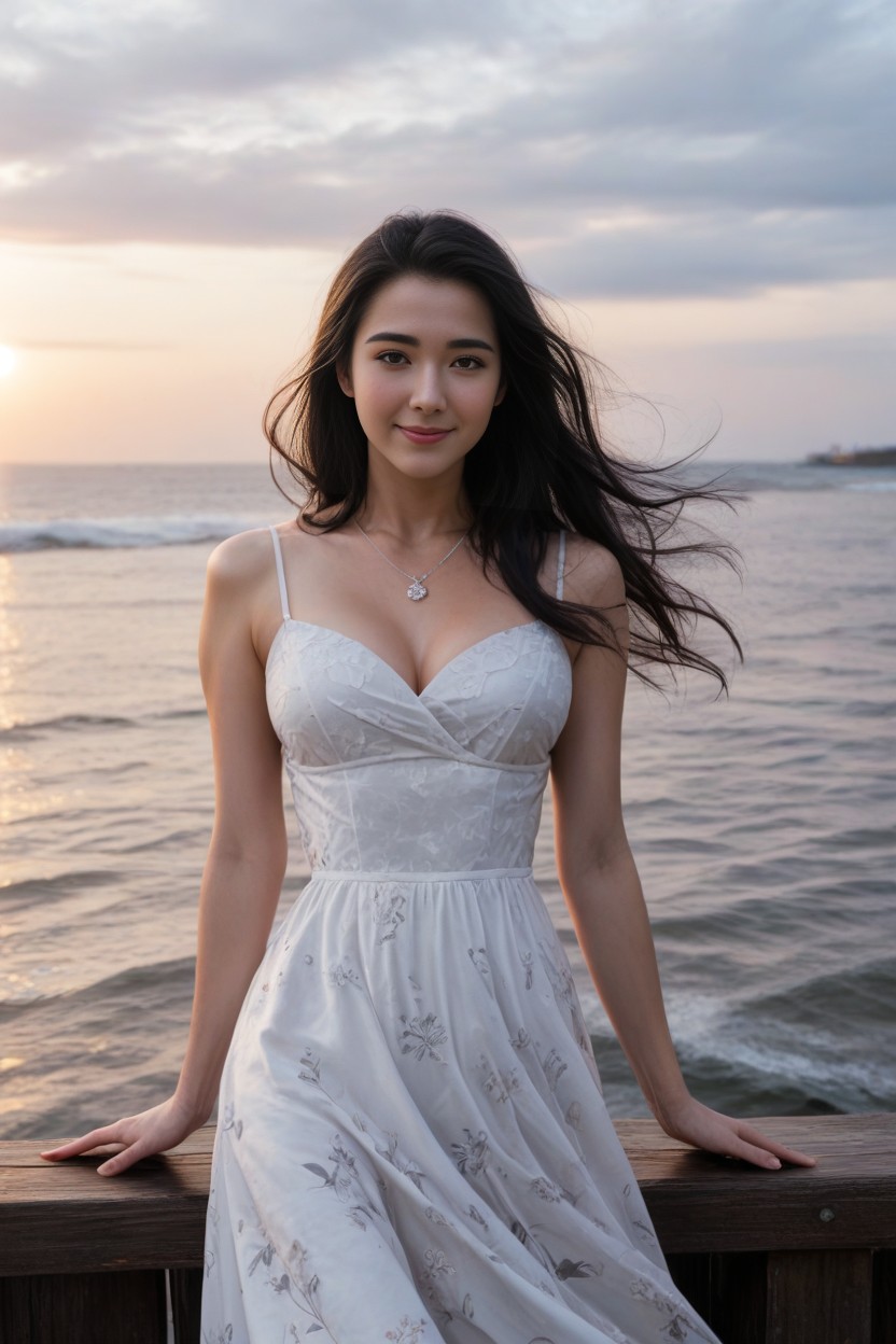Light White Summer Dress, Front View, Shy Smile AI Porn