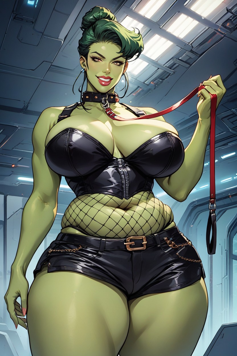Leading Viewer By Leash, Pouty Lips, Extremely Tight Fishnets Hentai AI Porn