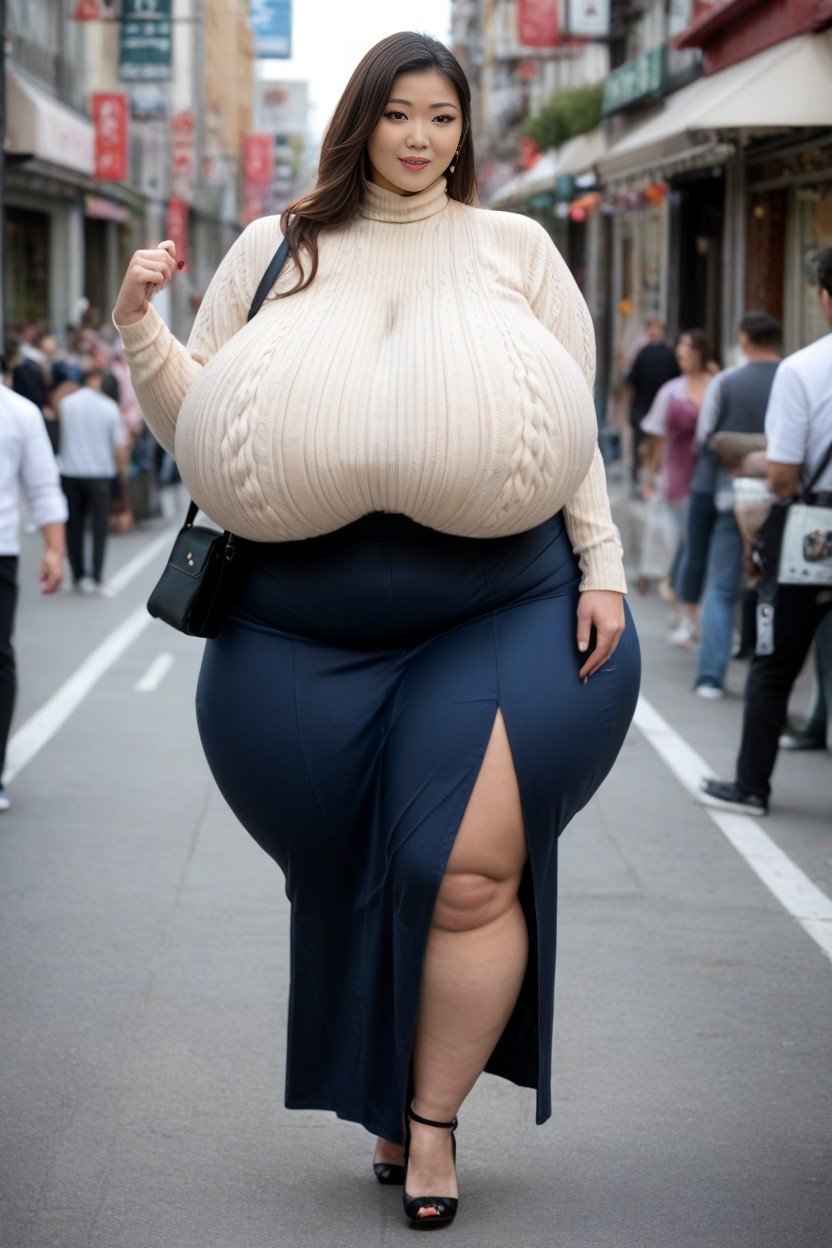 Gigantic Saggy Breasts In Clothes, Beige Sweater, Massive Breast Shemale AI Porn