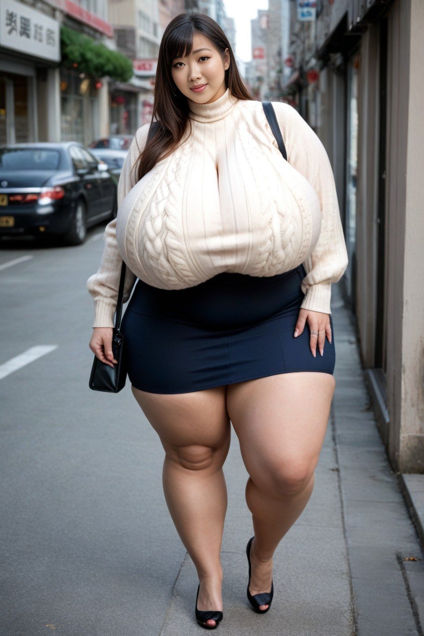 Extreme Huge Massive Hyper Breasts, Black High Heels, Beige Sweater퍼리 AI 포르노