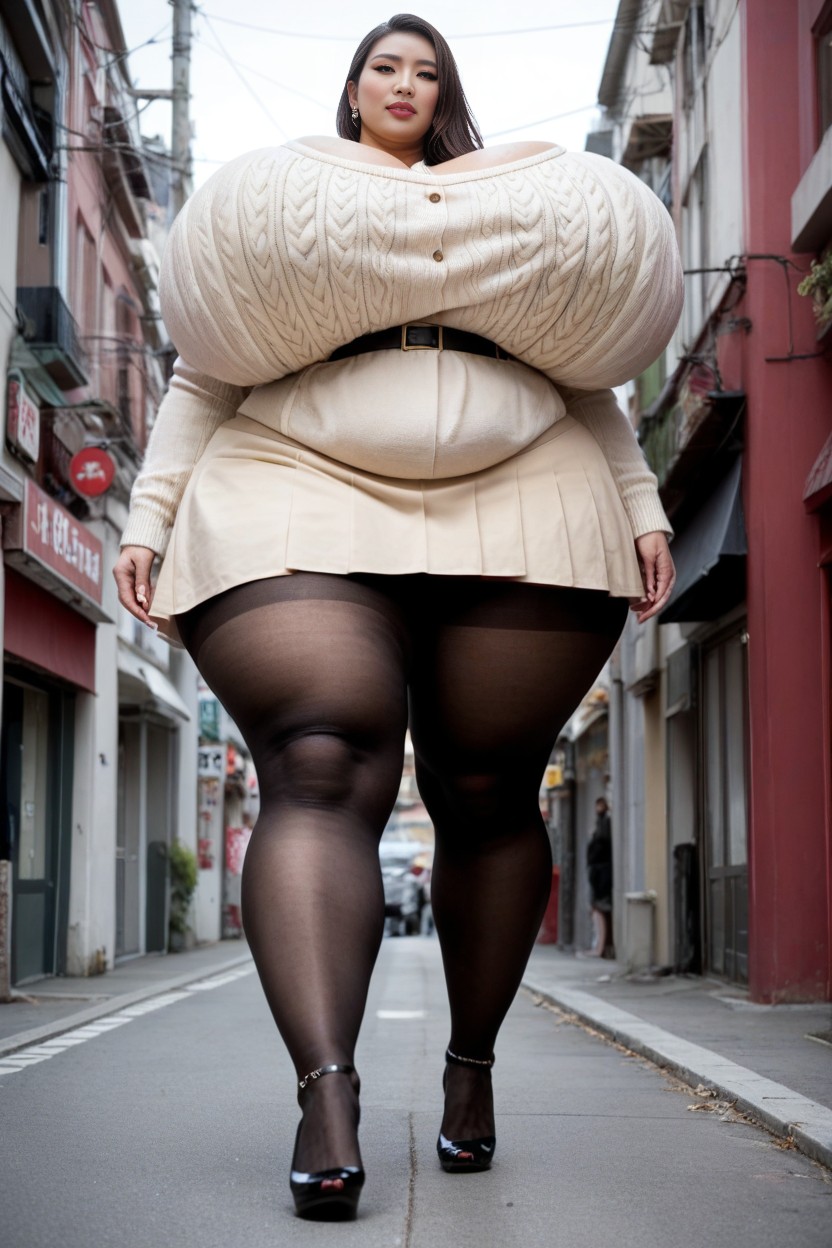 Beige Sweater, Looking At Viewer, Cellulite AI Porn