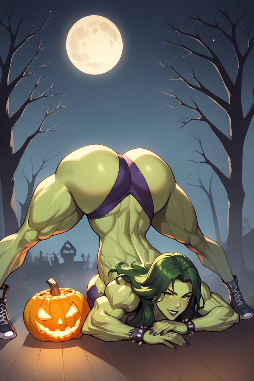 Vista Trasera, Piel Verde, HalloweenPorno AI Furry