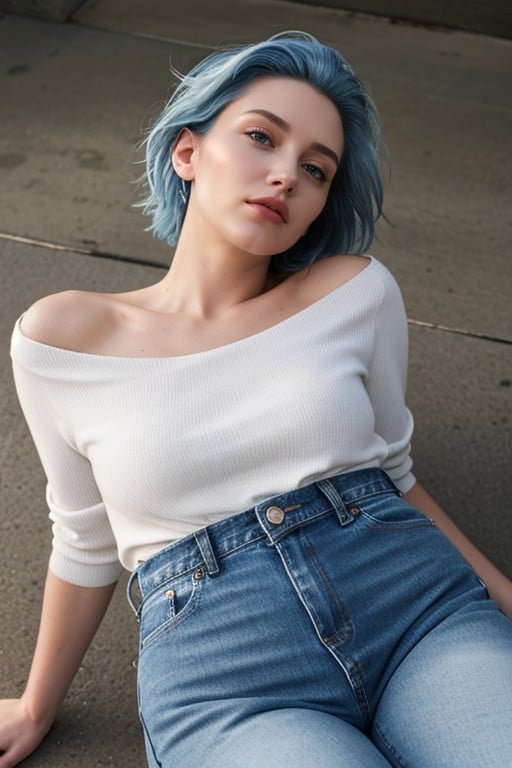 Top Down, Jeans, Light Blue Hair AI Porn