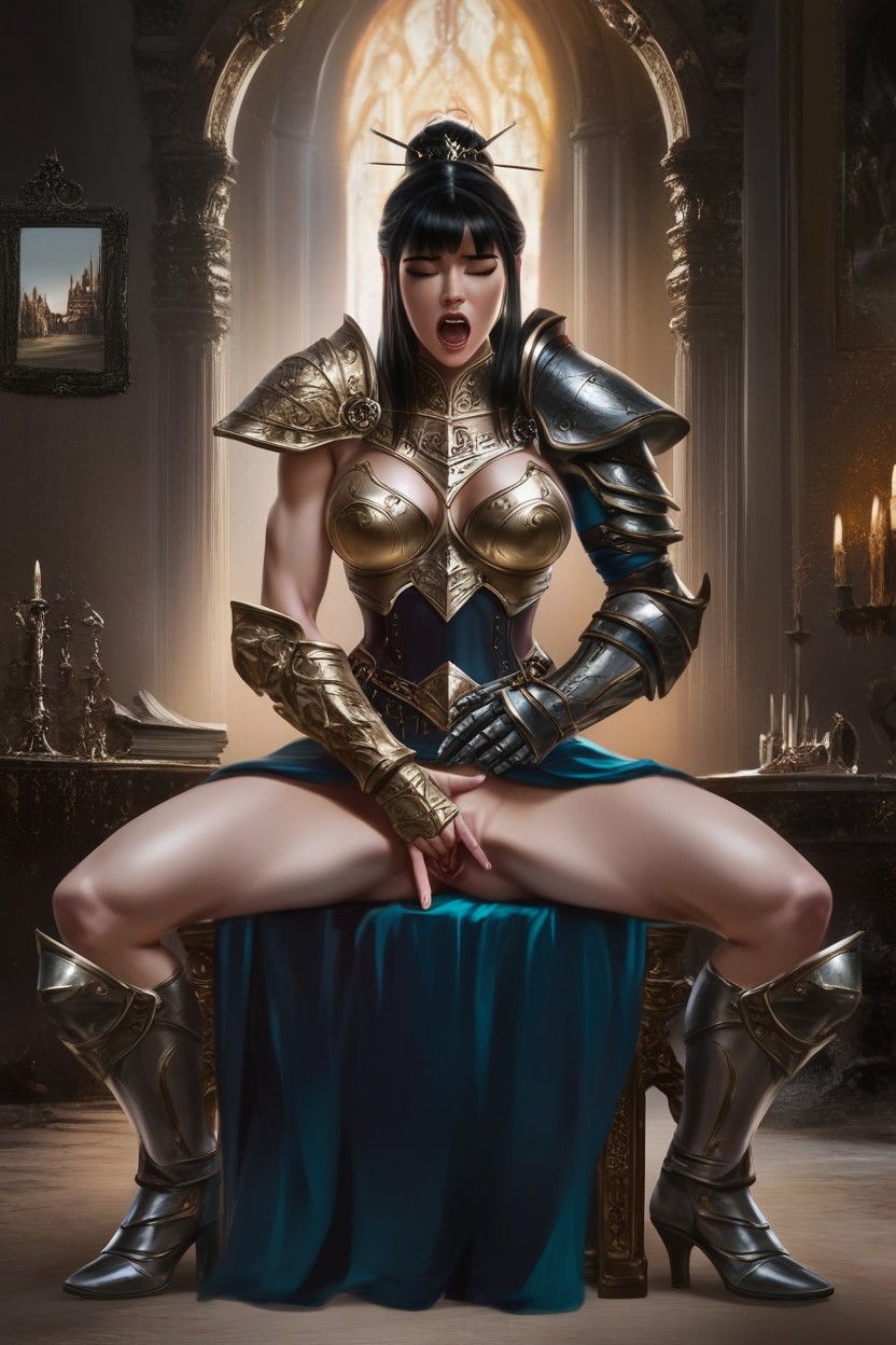 Sitting On A Chair, Armor, Black Hair AI Porn