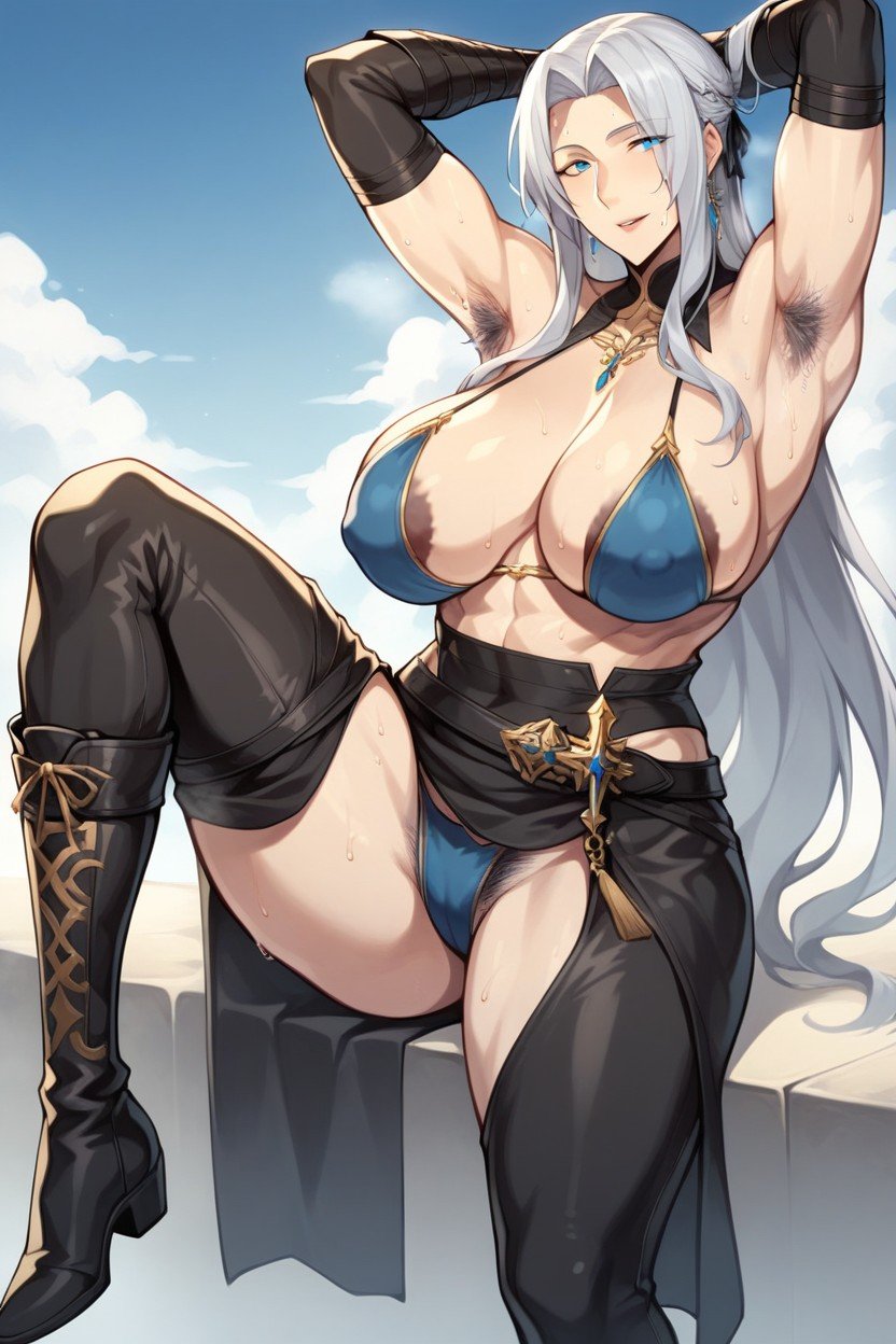 Large Dark Areola Is Visible The Upper Body Is Only Wearing A Light Blue Bikini, Hairstyle Like Sephiroth, Background Is An Alternate World Fantasy GrasslandPorno AI Hentai