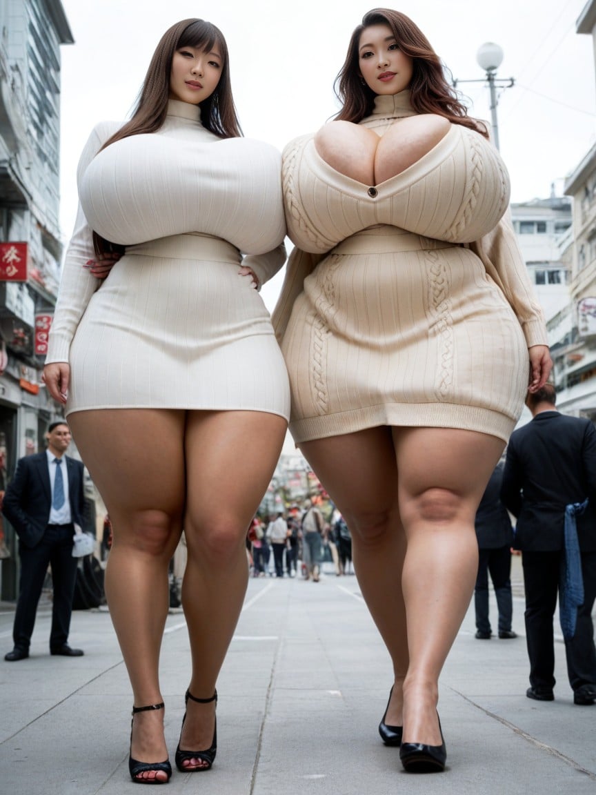 Disproportionately Large Breasts, Walking Down The Tokyo Street, Giant Asian WomenニューハーフAIポルノ