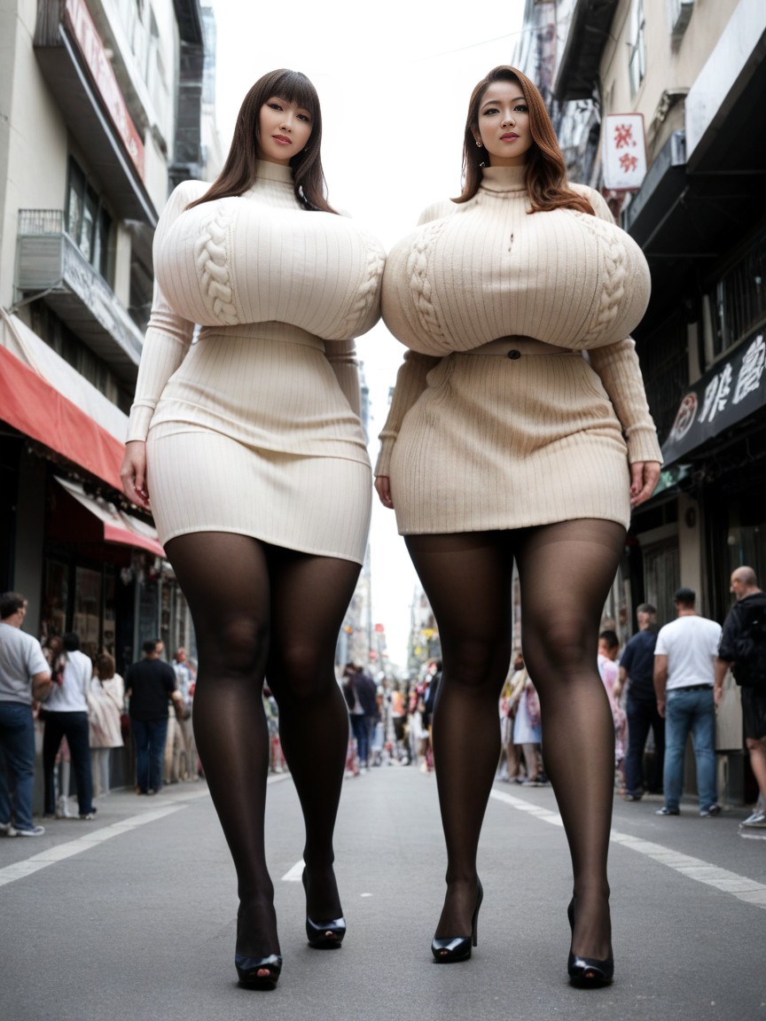 Giant Asian Women, Looking At Viewer, 2 People AI Porn