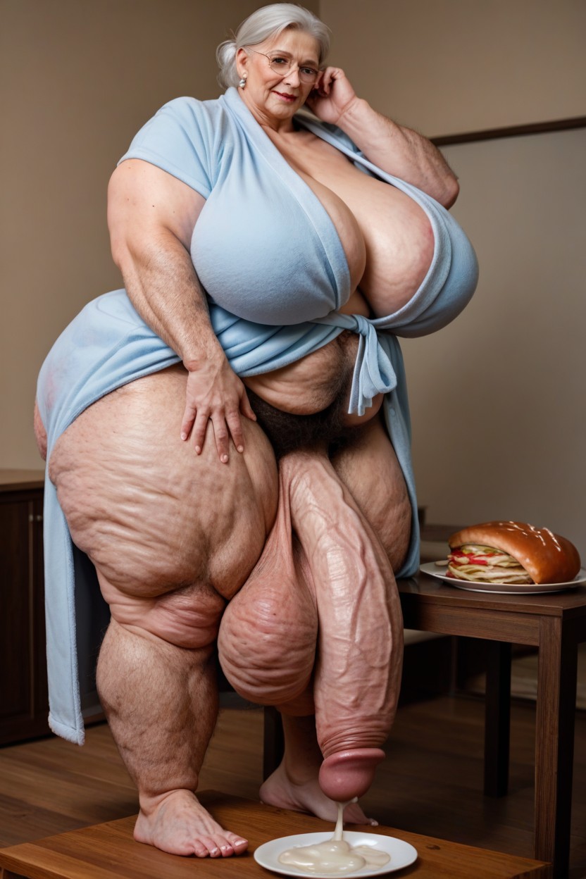 Gigantic Latissimus Dorsi, Bathrobe, Cum Covered Food Shemale AI Porn