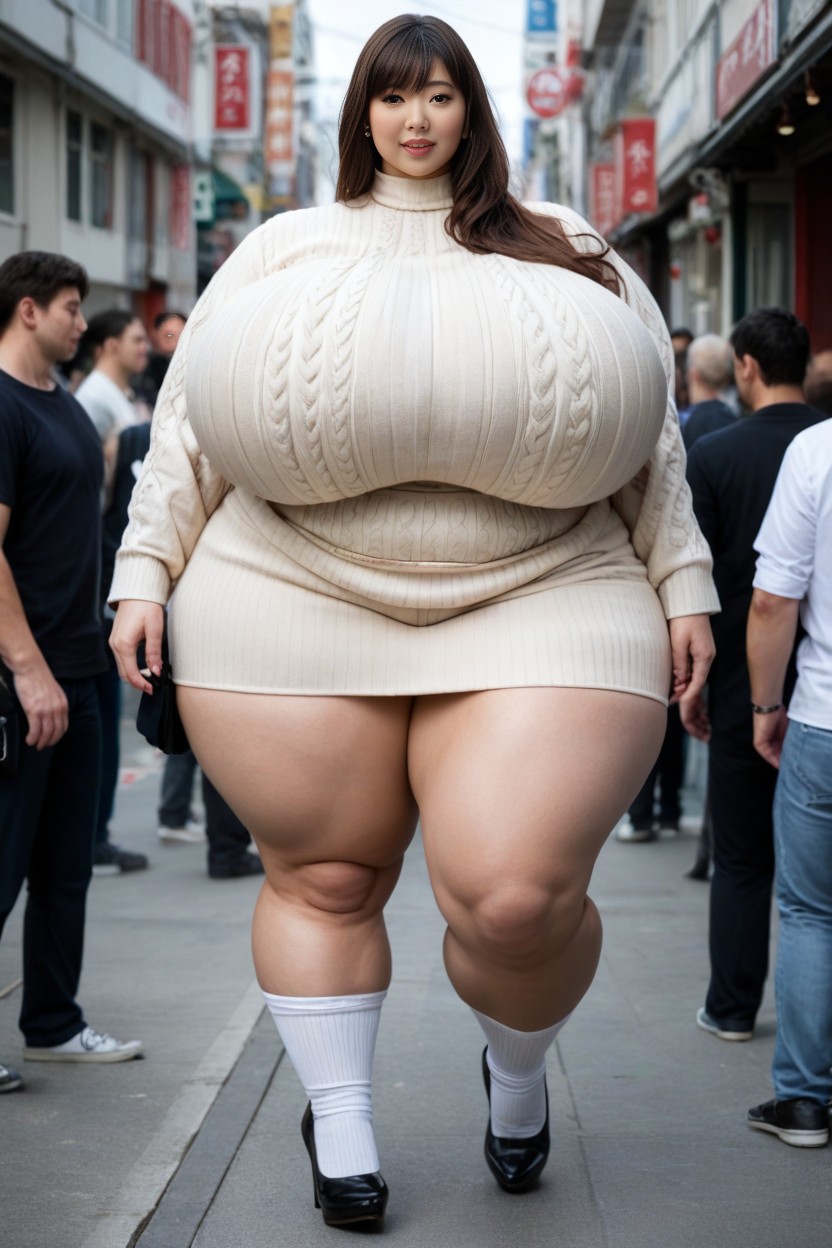 No Waist, Giant Asian Woman, Black High Heels AI Porn
