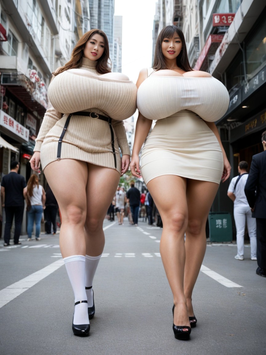 Beige Skirt, Disproportionately Large Breasts, Bottom Up AI Porn