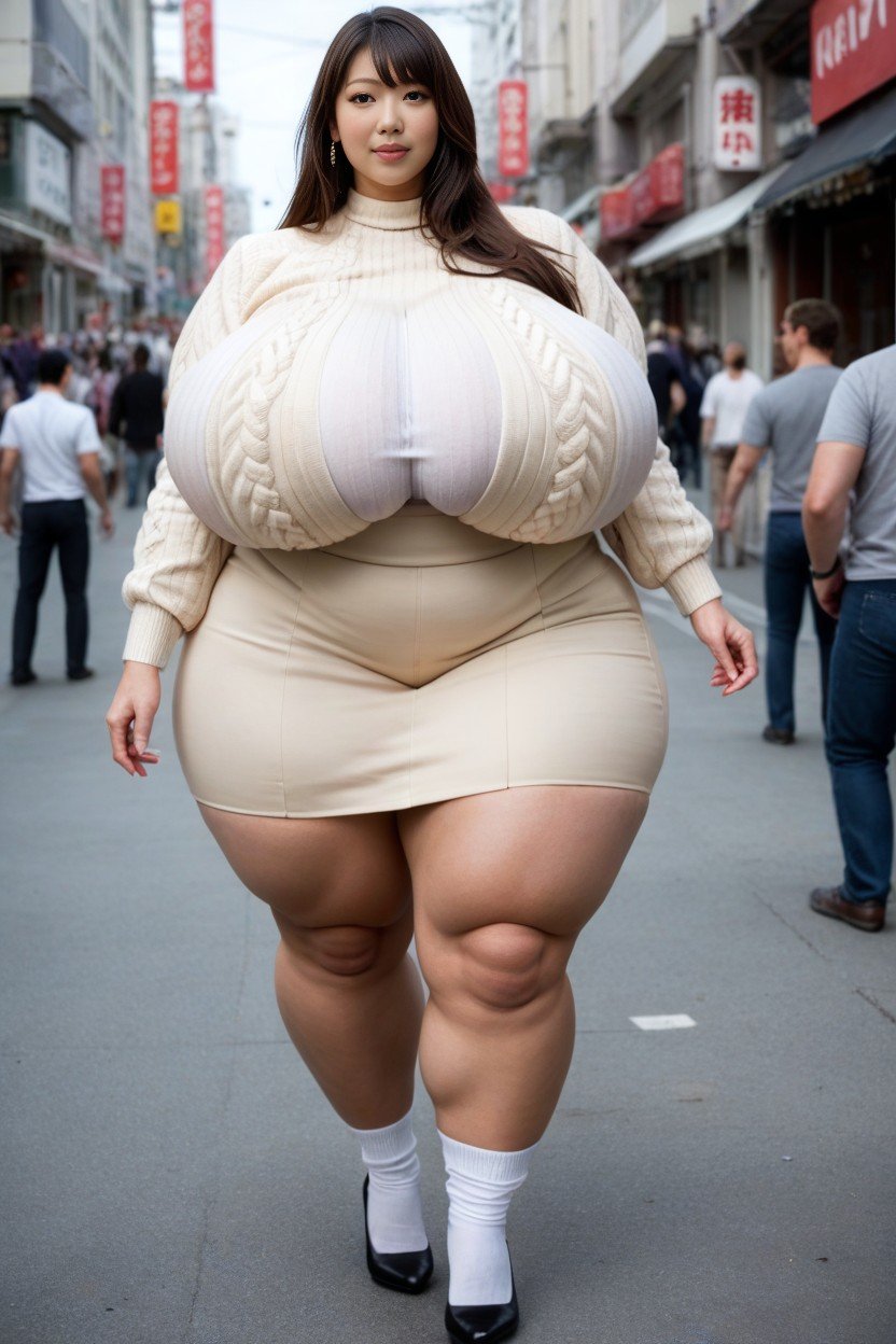 Gigantic Saggy Breasts In Clothes, Fully Clothed, Many People Around AI Porn