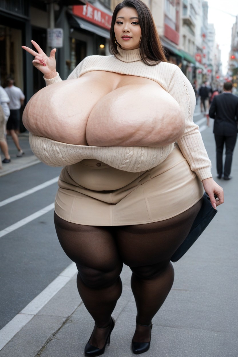 1 Person, Beige Skirt, Extreme Hyper Breasts AI Porn