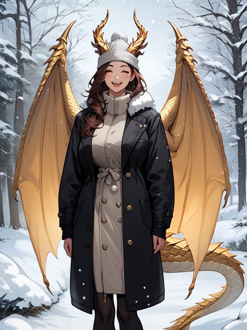 Golden Dragon Horns, 雪が降っている, Black CoatAIポルノ