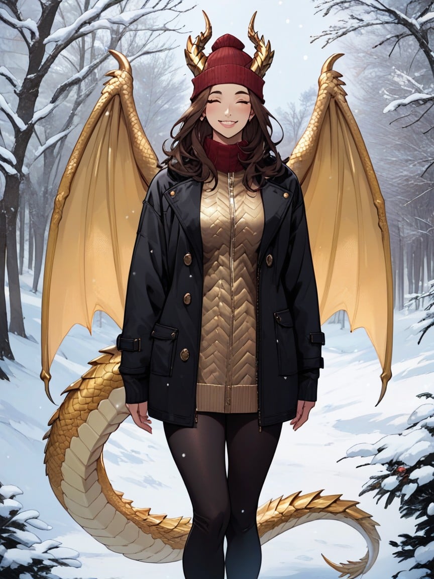 Golden Dragon Wings, Leggings, Black Winter Coat AI Porn