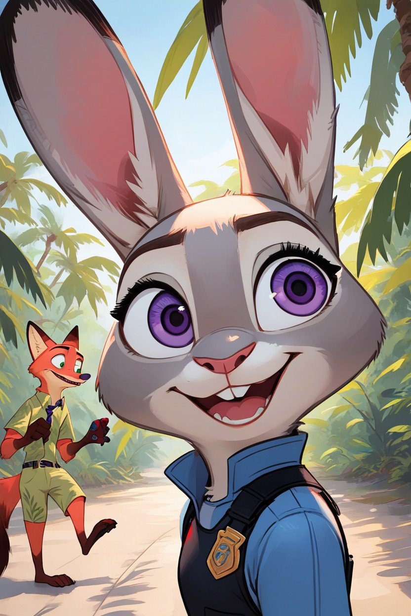 Judy Hopps Holding Hands With Nick Wilde, Daytime, Walking Furry AI Porn