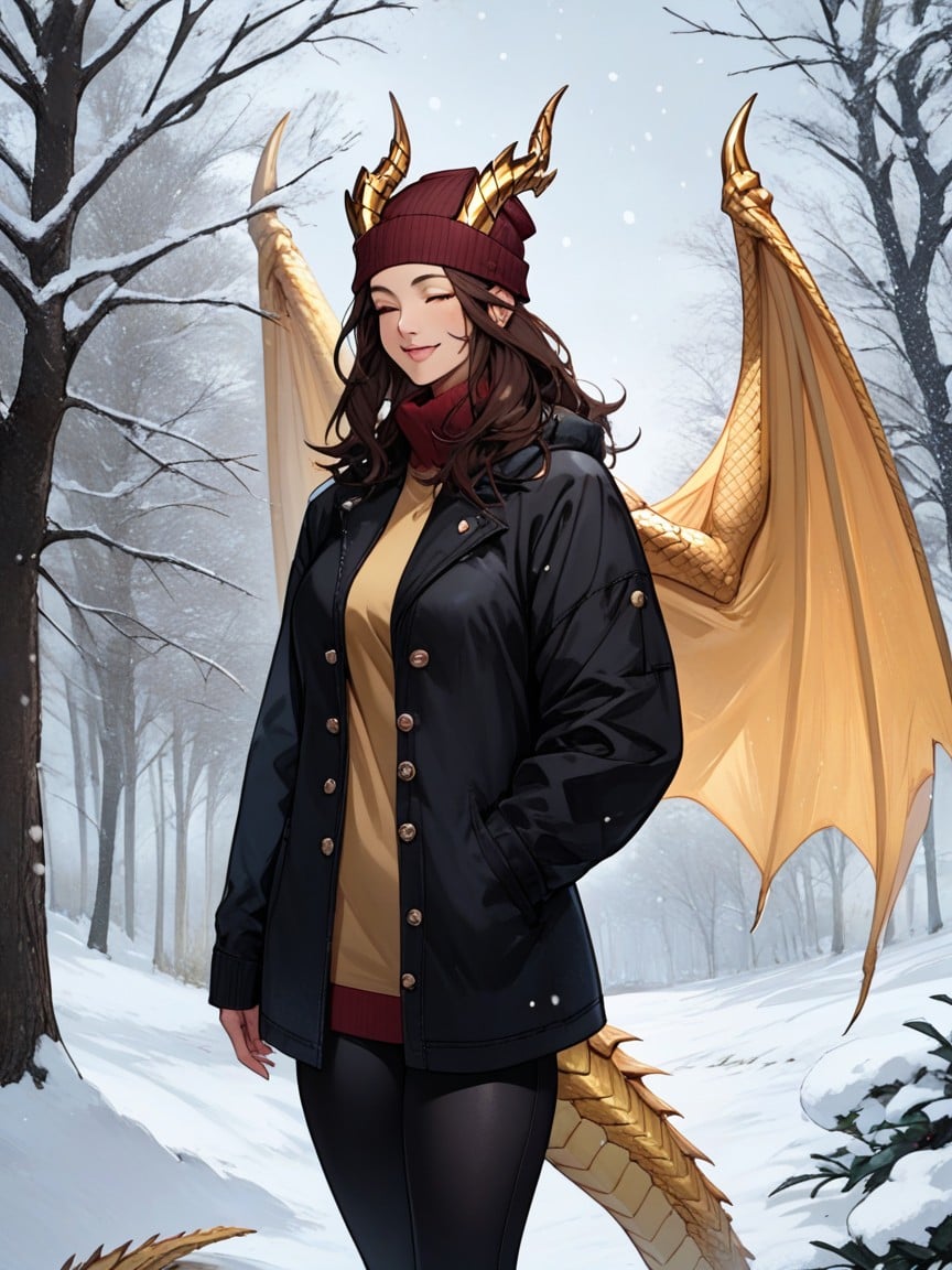 Golden Dragon Woman, Cheveux Bruns, Il NeigePorno IA Furry