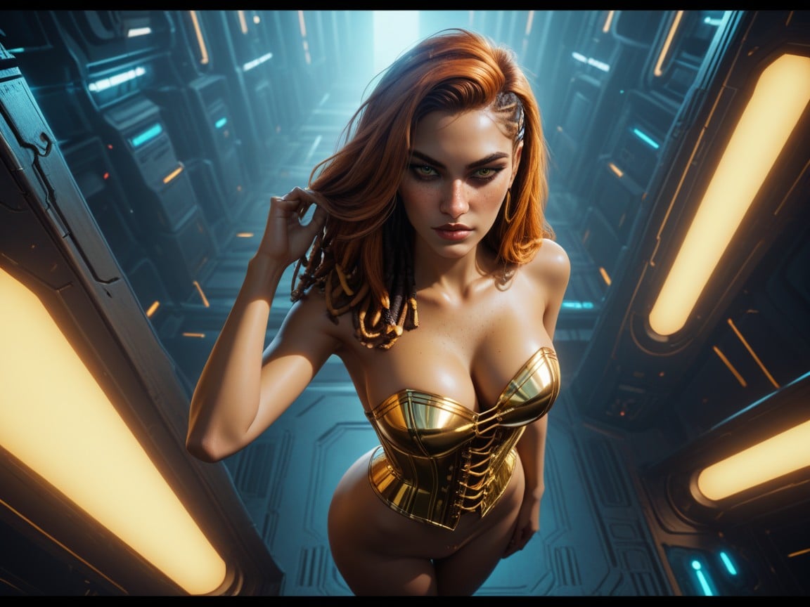 Woman Surrounded By Aliens, Woman, Neon Gold Light Shining On Woman AI Porn