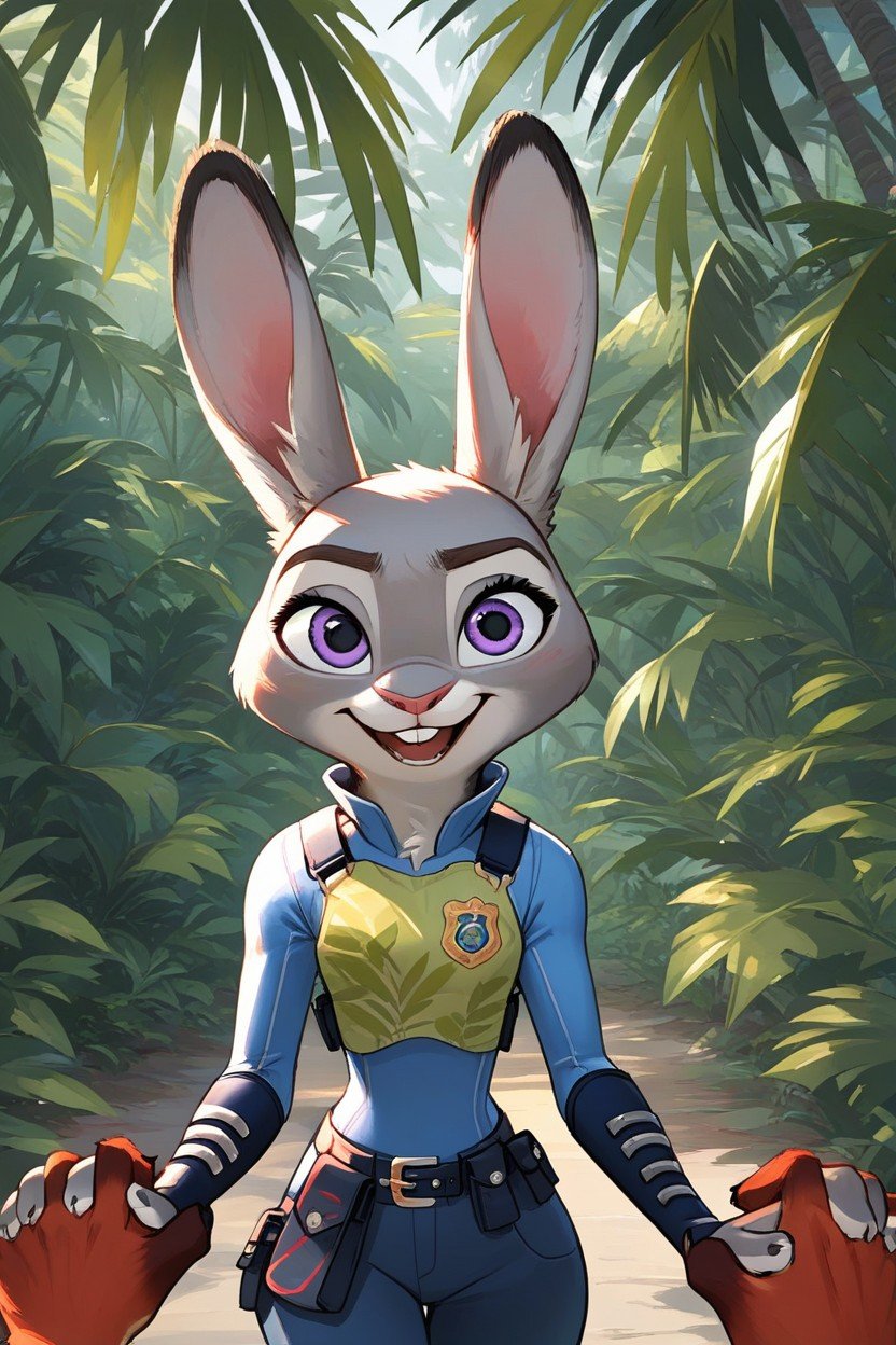 프론트뷰, Jungle Trail, Judy Hopps Holding Hands With Nick Wilde퍼리 AI 포르노