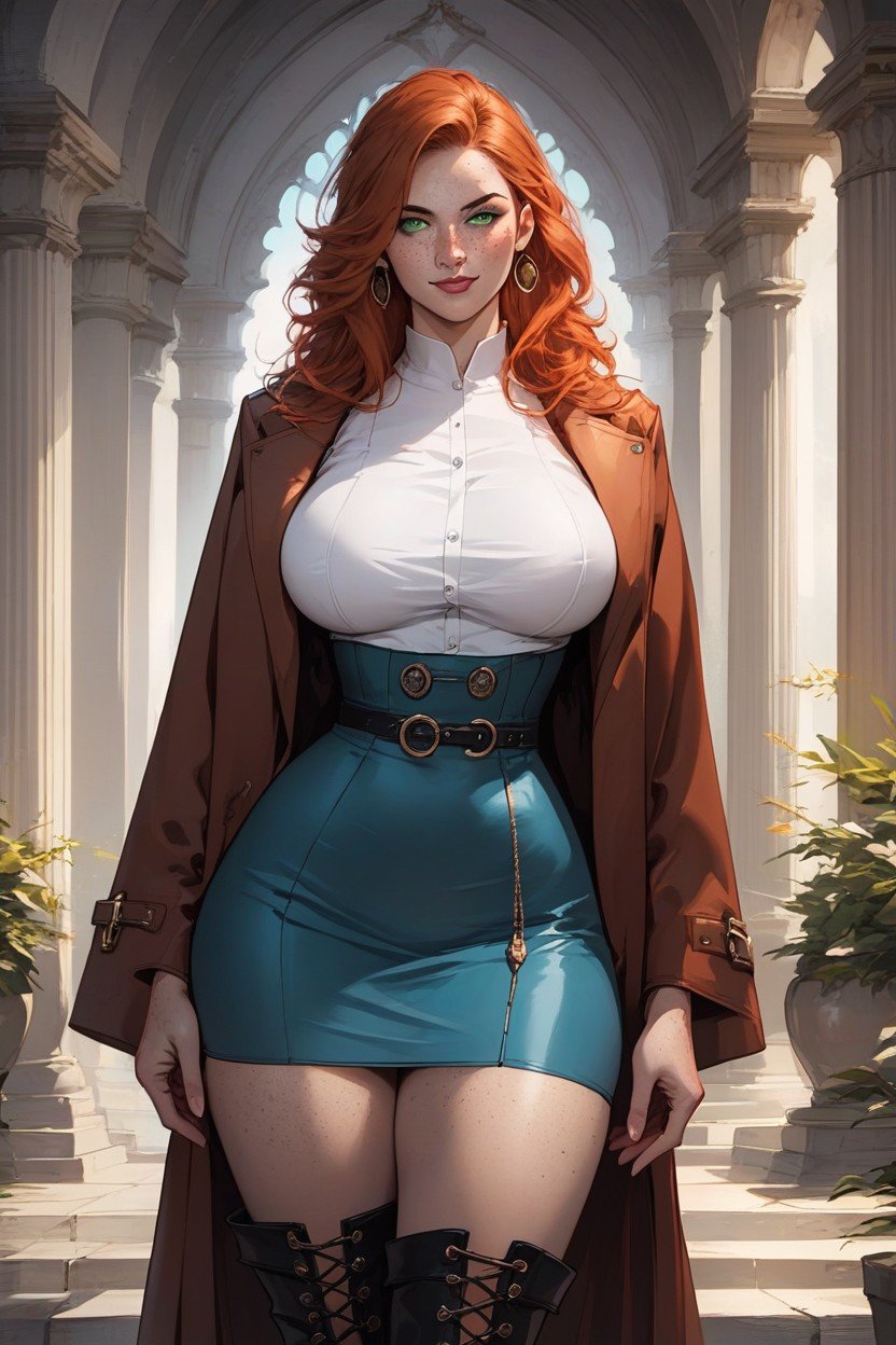 Skirt, Green Eyes, Woman With Long Ginger HairAI黄片