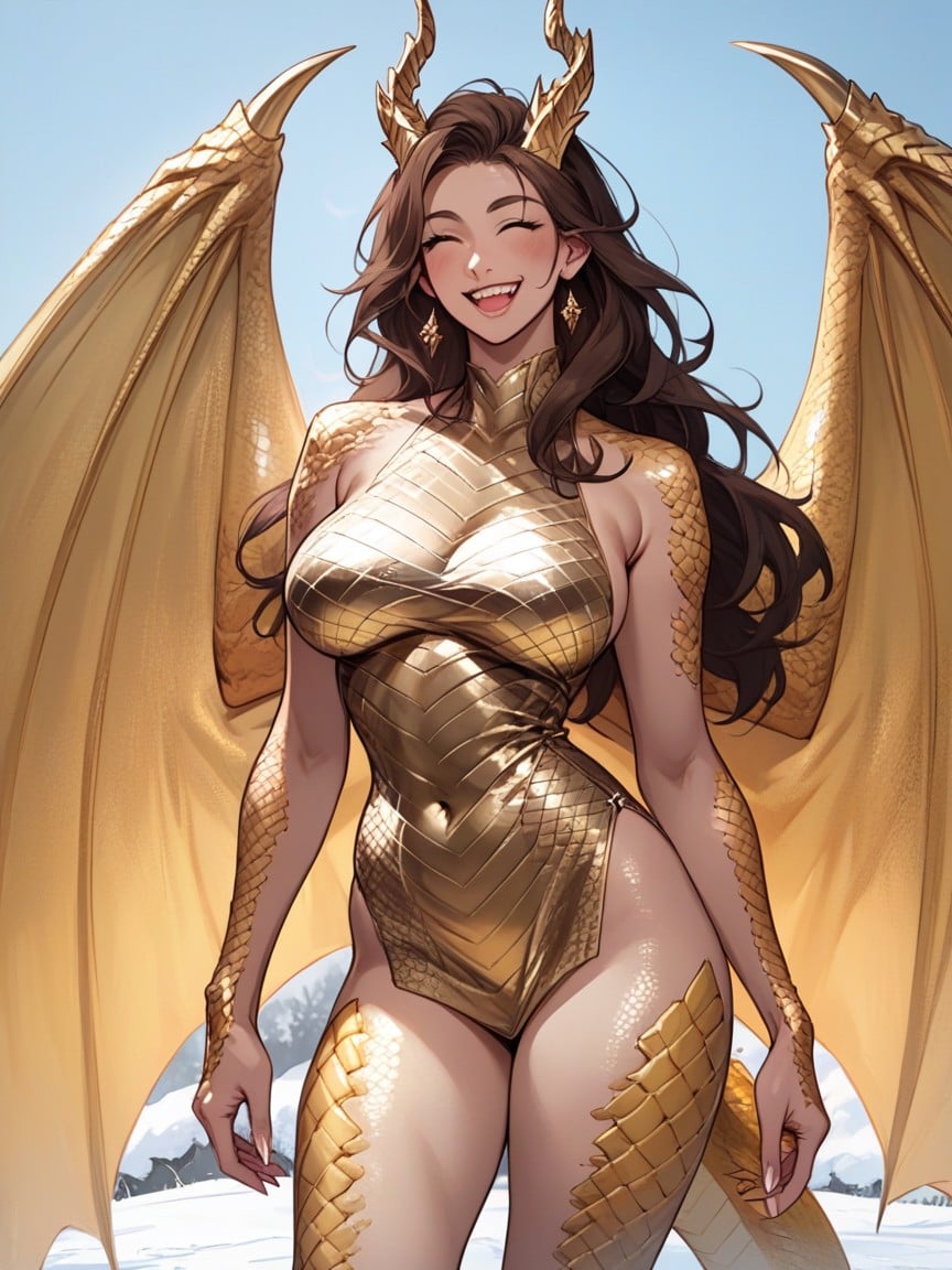 Golden Dragon Horns, Golden Dragon Woman, 행복하다AI 포르노