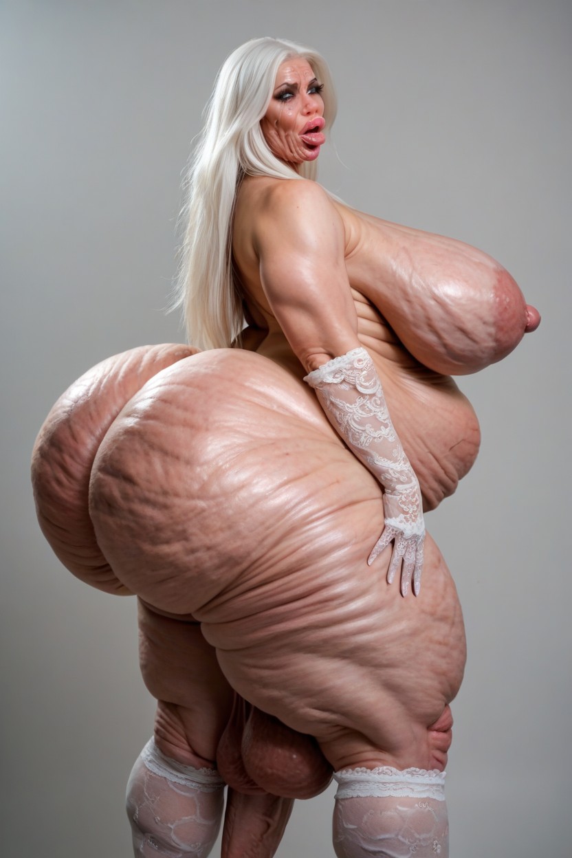 Hands On Hips, Simple Background, Mega Puffy Nipples Shemale AI Porn