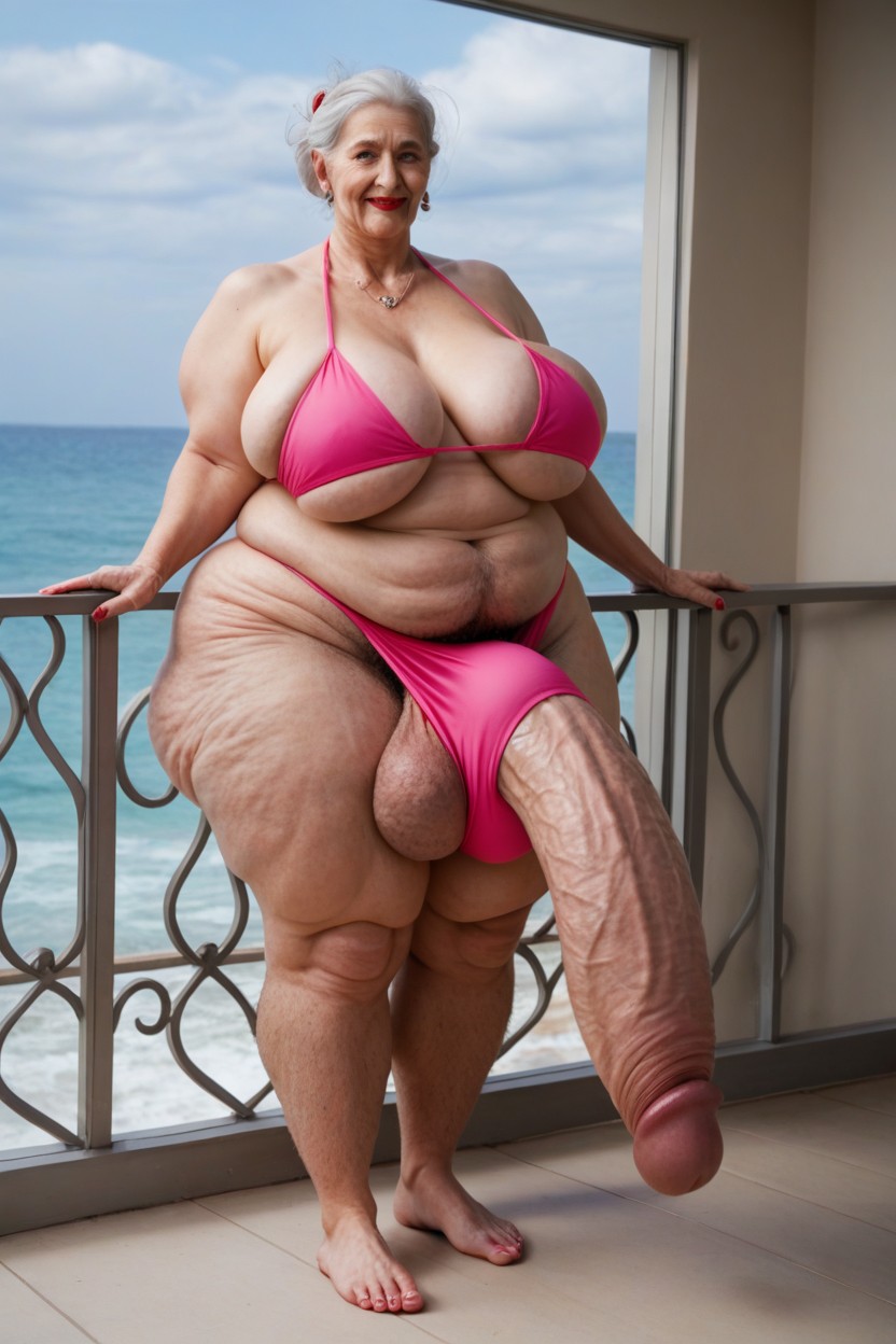 Standing On Condo Balcony At Beach, Natural Saggy Breast, Long Length Shemale AI Porn