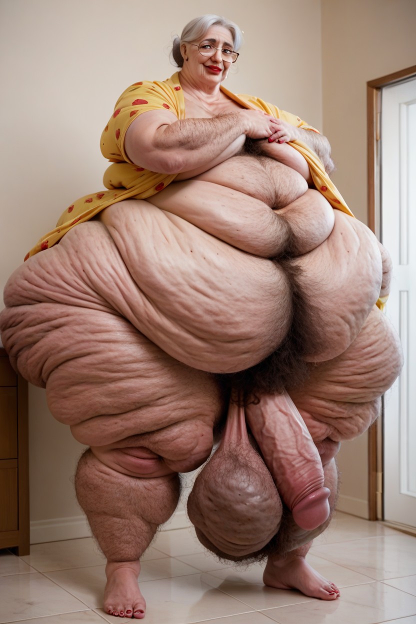 Mega Obese Fat Belly Chubby Chunky Hyper Wide Penis Yellow Bathrobe, Pudgy, Tall Face Shemale AI Porn