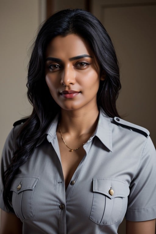 Black Hair Indian Police Officer With Big Boobs Wearing A Shirt With Top Button UnbuttonedPorno AI