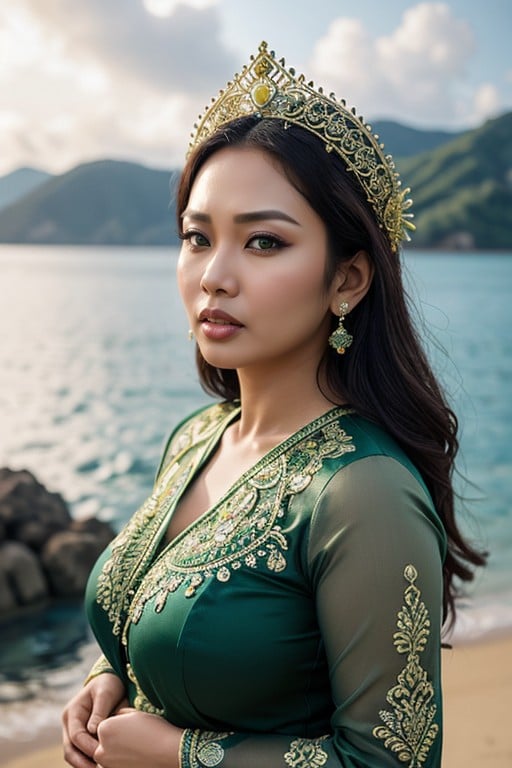 Wearing Long Sleeves Tradisional Green Javanese Dress, Milf, Javanese Ethnicity Pornografia peluda com IA