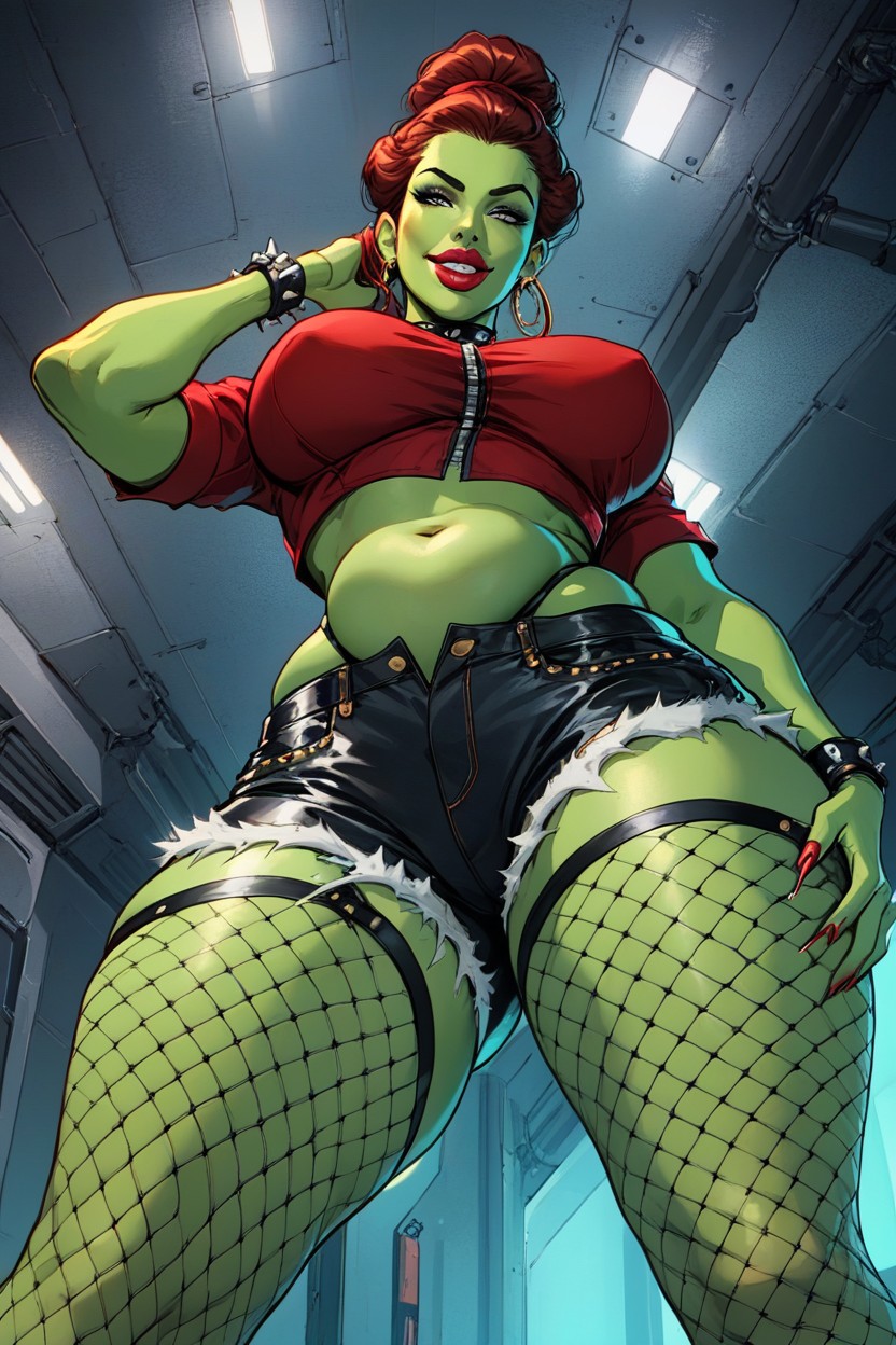 Green Skinned Alien, Plump Lips, Condescending Expression Hentai AI Porn