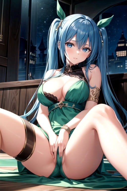 Masturbation, Blue Hair, Topless Hentai AI Porn